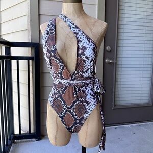 Brown and White Snakeskin One-Piece Swimsuit